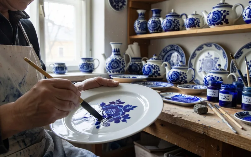 Porcelaine Gzhel authentique : theiere, tasses et assiettes decorees en bleu cobalt sur blanc