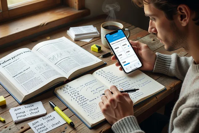 Couple franco-russe apprenant le russe ensemble avec un manuel et des flashcards