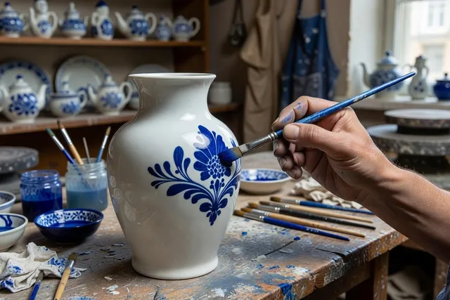 Peintre appliquant à main levée le décor bleu cobalt sur une pièce de céramique de Gjel