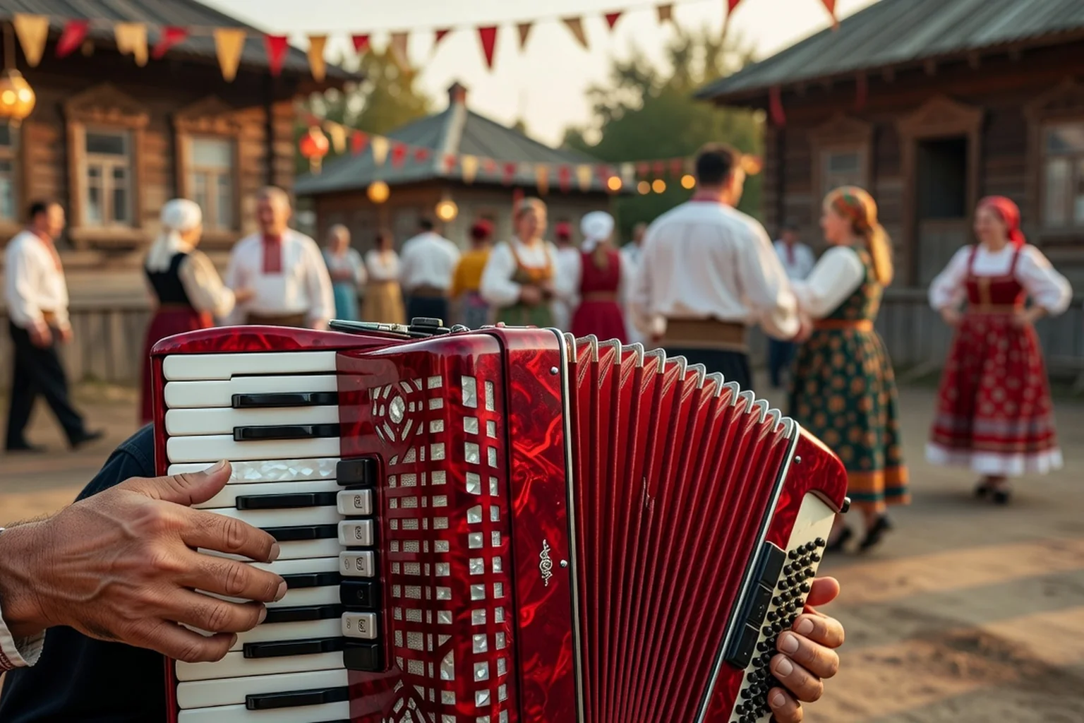 Accordéon rouge joué pendant une fête villageoise russe, danseurs en costumes traditionnels en arrière-plan