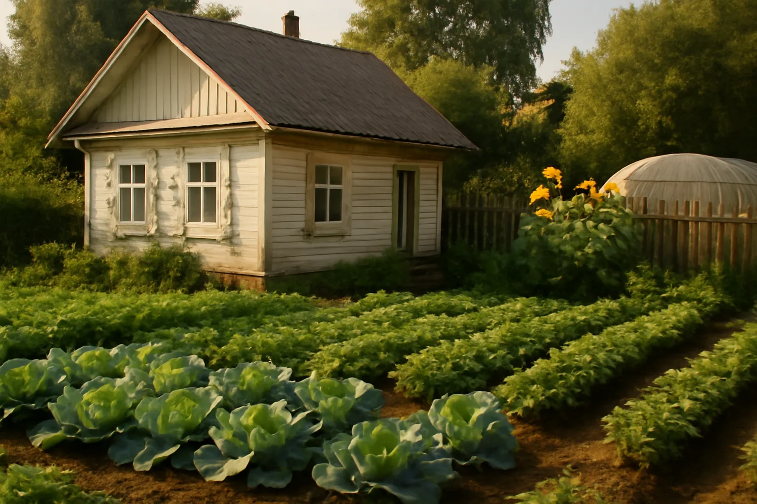 Datcha russe blanche en bois avec potager de choux et de pommes de terre, tournesols et serre au fond du jardin clôturé