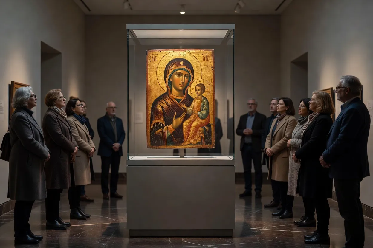 Reproduction de l'icône de la Trinité d'Andreï Roublev représentant trois anges