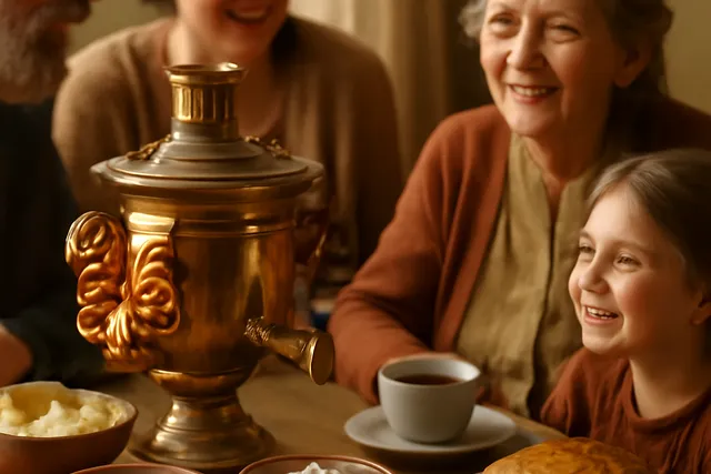 Table russe traditionnelle avec un samovar en cuivre, verres dans leur podstakannik et confiture