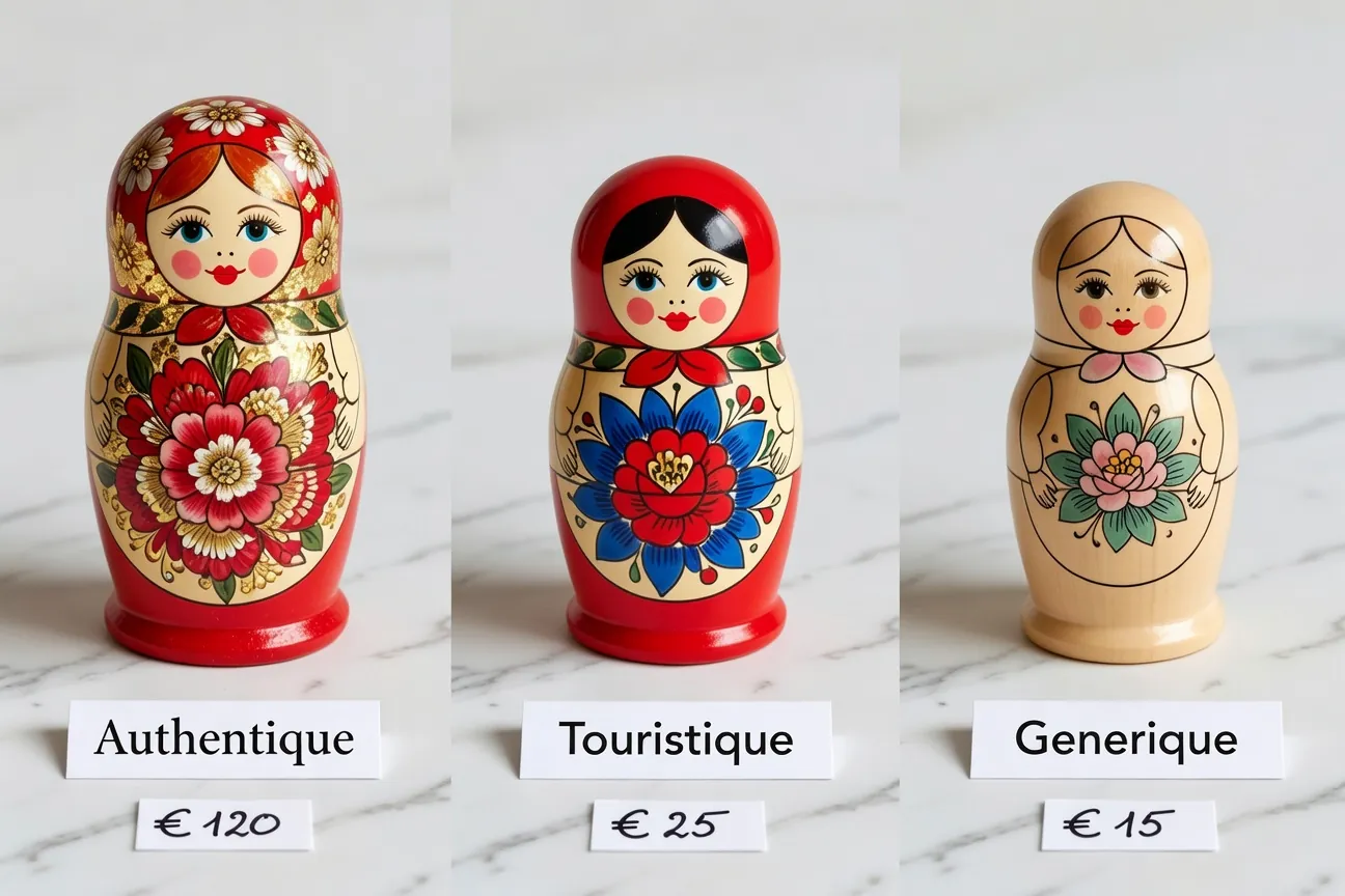 Comparatif visuel : matriochka authentique versus matryoshka touristique versus poupee gigogne basique