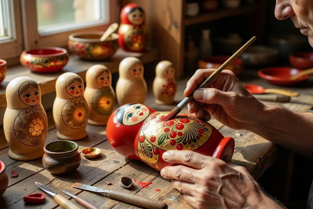 Maître artisan Pavel Gorin dans son atelier Rus'Art à Marseille, peinture khokhloma et matriochkas de collection