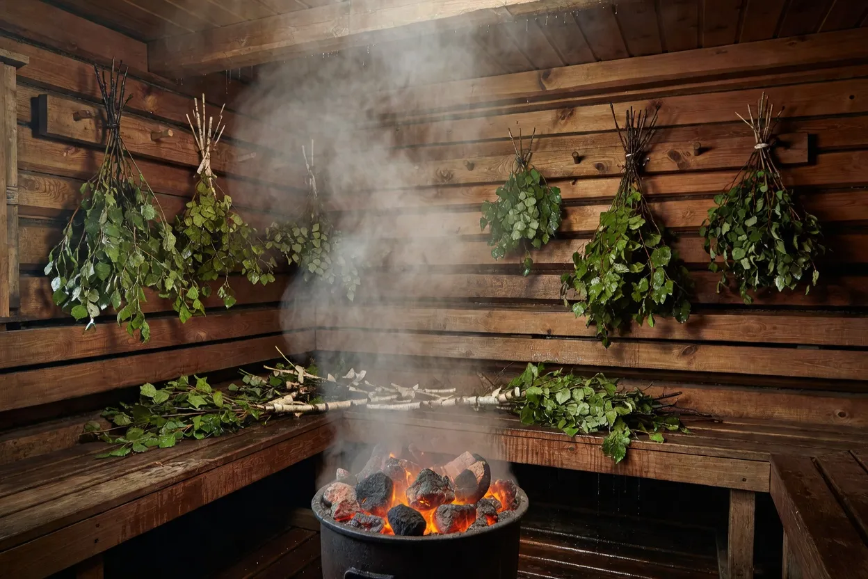La banya, bain russe traditionnel : venik et vapeur dans une isba en bois