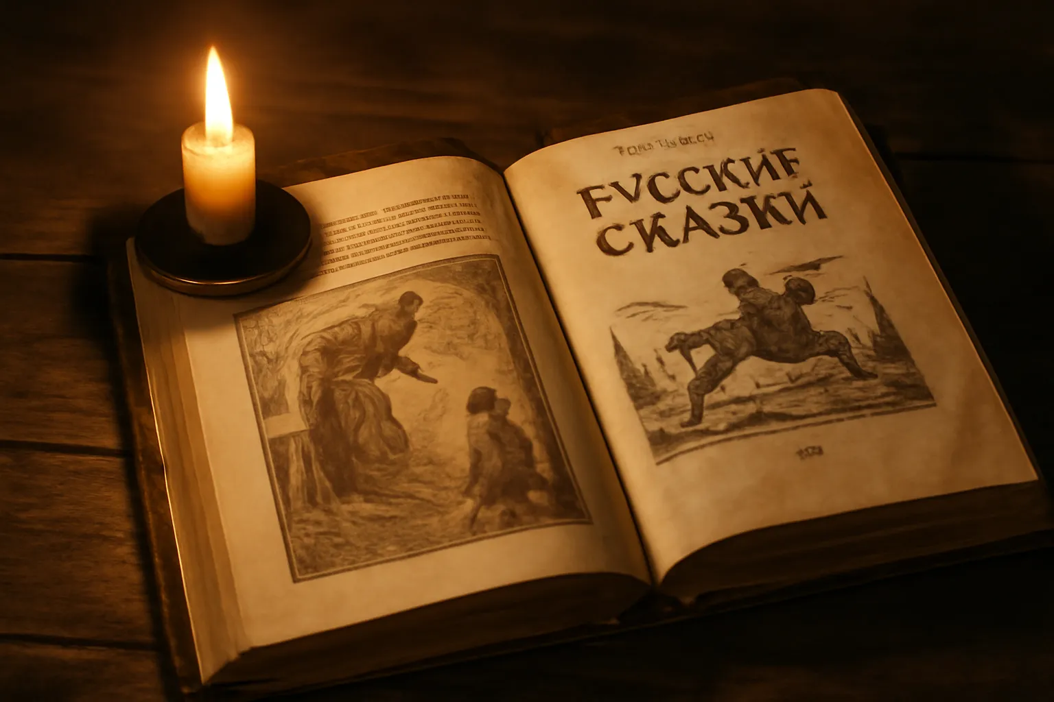 Livre ancien de contes populaires russes illustrés à la bougie