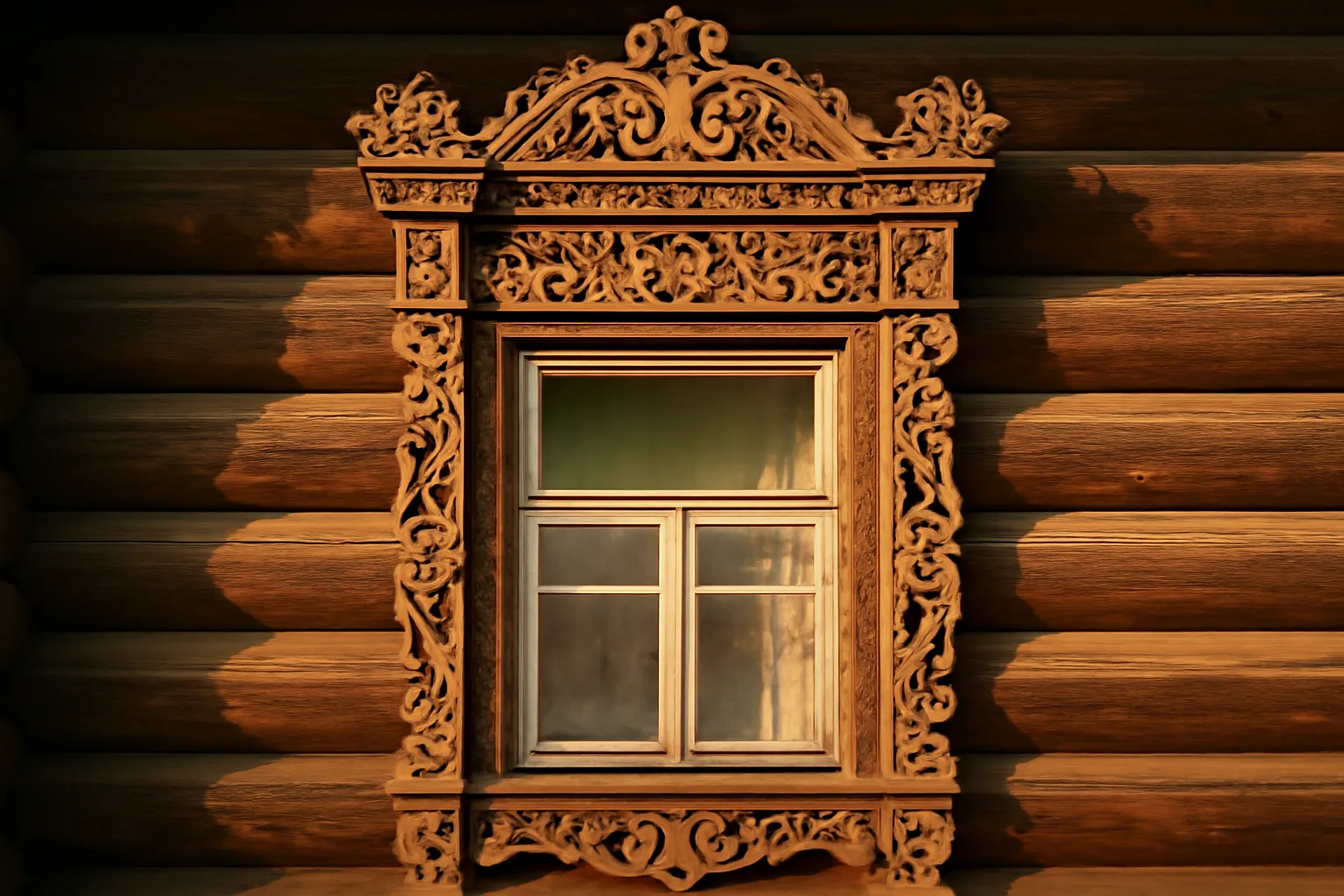 Nalichniki : encadrement de fenêtre sculpté sur une façade d'isba russe