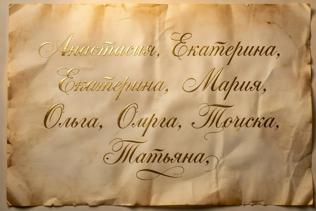 Calligraphie cyrillique de prénoms féminins russes sur parchemin doré
