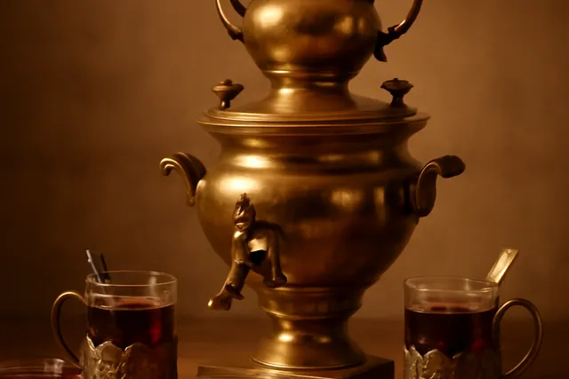 Samovar russe en cuivre fumant sur une table de datcha, verres de thé et confiture