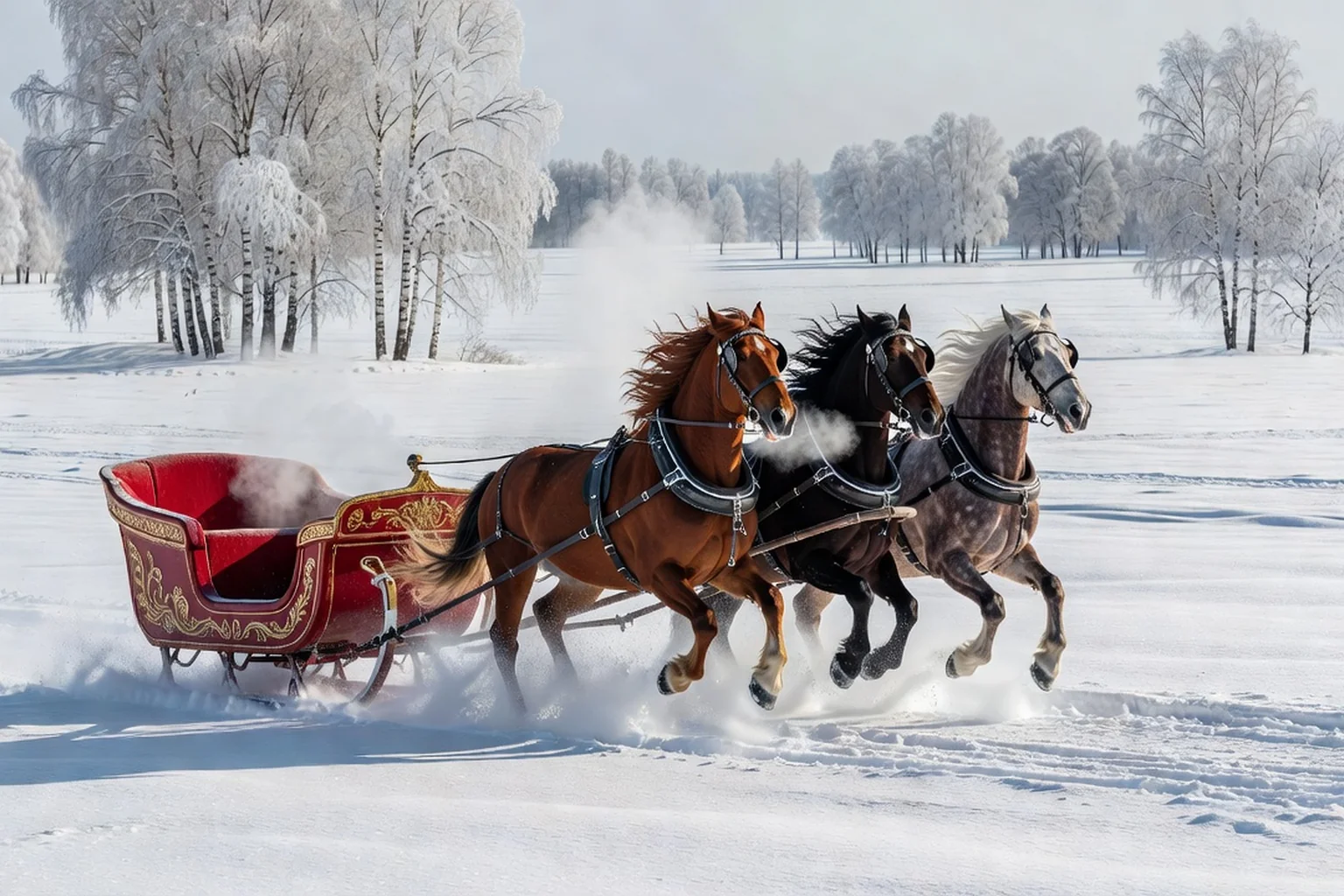 Troïka russe attelée de trois chevaux galopant dans la neige, traîneau traditionnel décoré peint en rouge