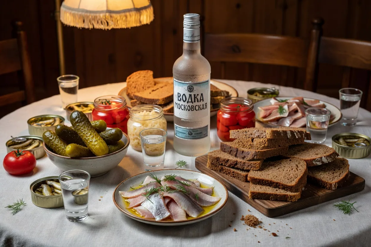 Table festive russe avec vodka et zakouski traditionnels