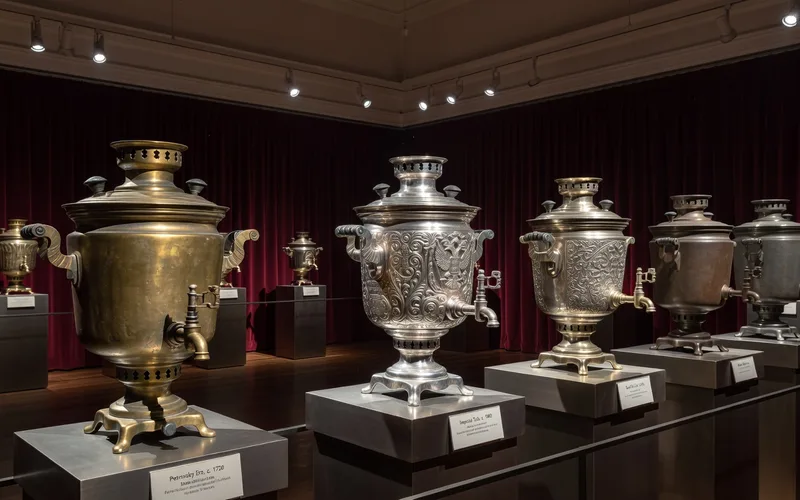 Peinture russe du XIXe siecle representant une scene de the en famille autour du samovar